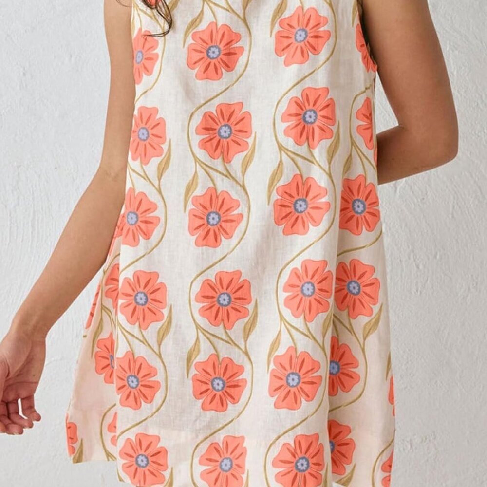 Women Summer Floral Cotton Linen Sleeveless A-Line Mini Dress Casual Potent - Picture 3 of 7